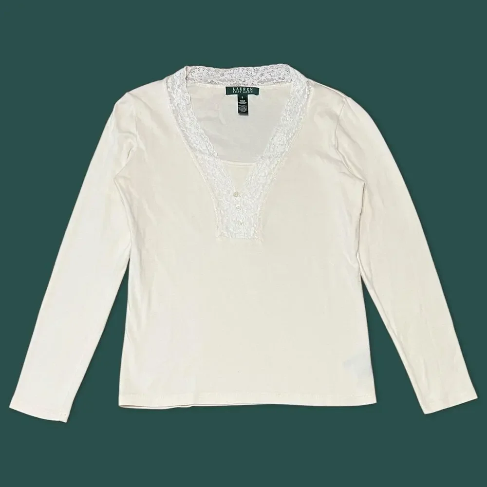 Y2K Ralph Lauren Coquette Long Sleeve Lace Shirt Top Cream 100% Cotton Small‎
